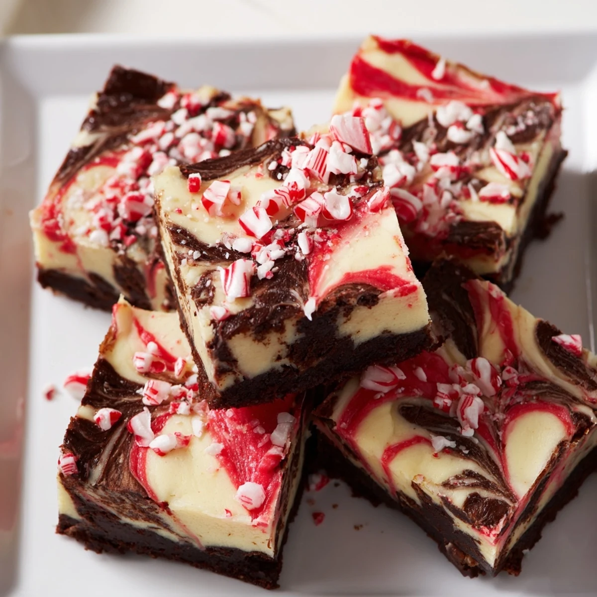 Delicious Peppermint Cheesecake Swirl Bars, layered brownie and cheesecake, garnished with crushed candies.