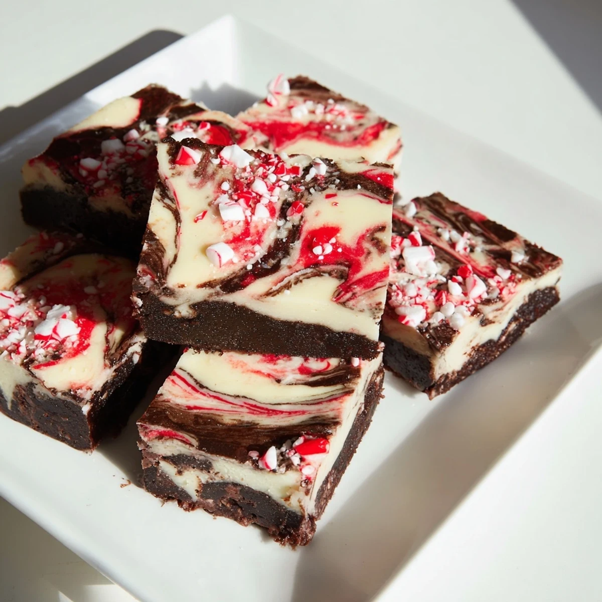Homemade Peppermint Cheesecake Swirl Bars with a marbled pattern, perfect for holiday dessert enjoyment.