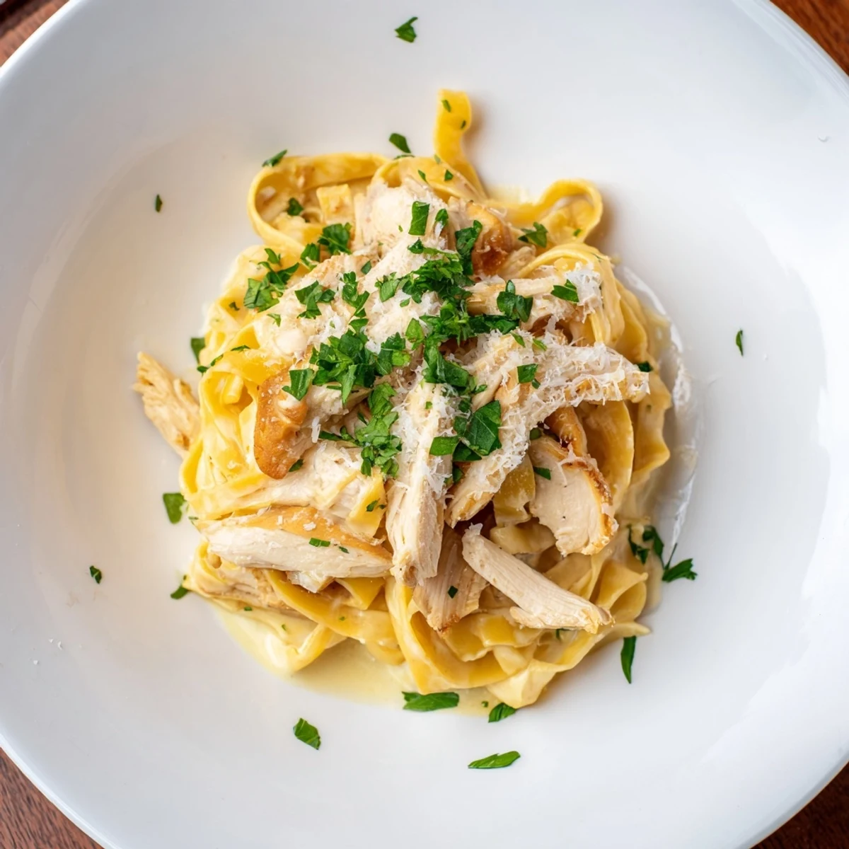 Creamy Chicken Alfredo on a plate, featuring tender chicken and rich Parmesan sauce, ready to eat.
