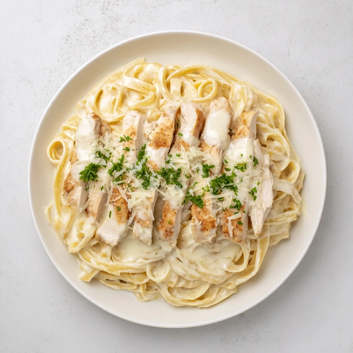 A close-up of Creamy Chicken Alfredo, showing the creamy texture and fresh parsley garnish.