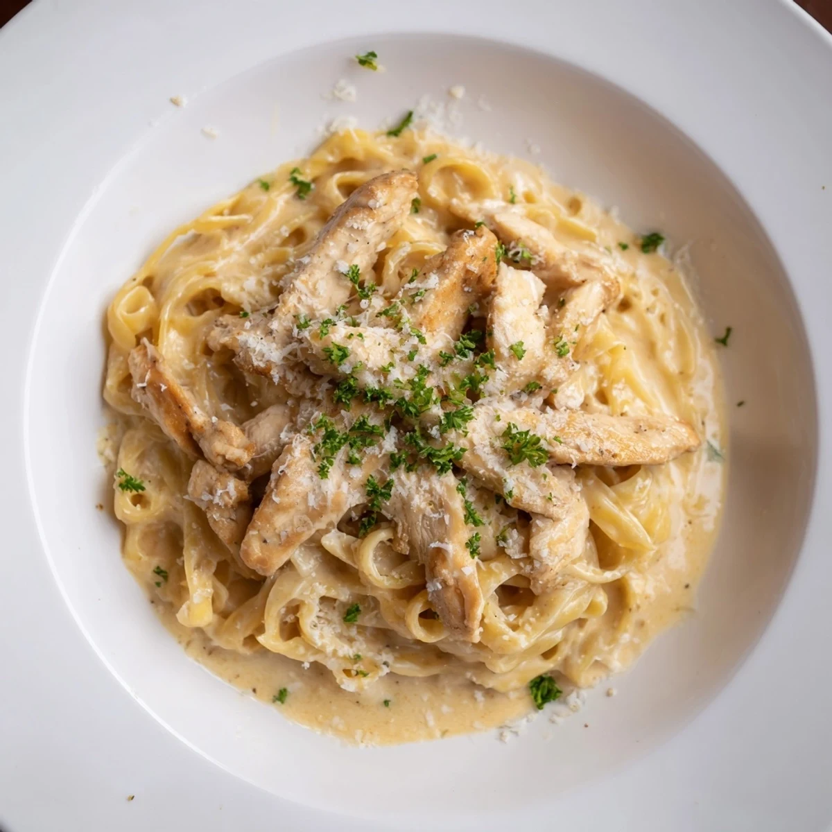 Golden-brown chicken and fettuccine smothered in a luscious Alfredo sauce for a tasty meal.