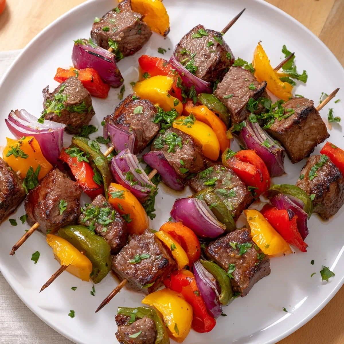 Savory beef kebabs with vibrant bell peppers sizzling on the grill, ready to eat with a squeeze of lemon.