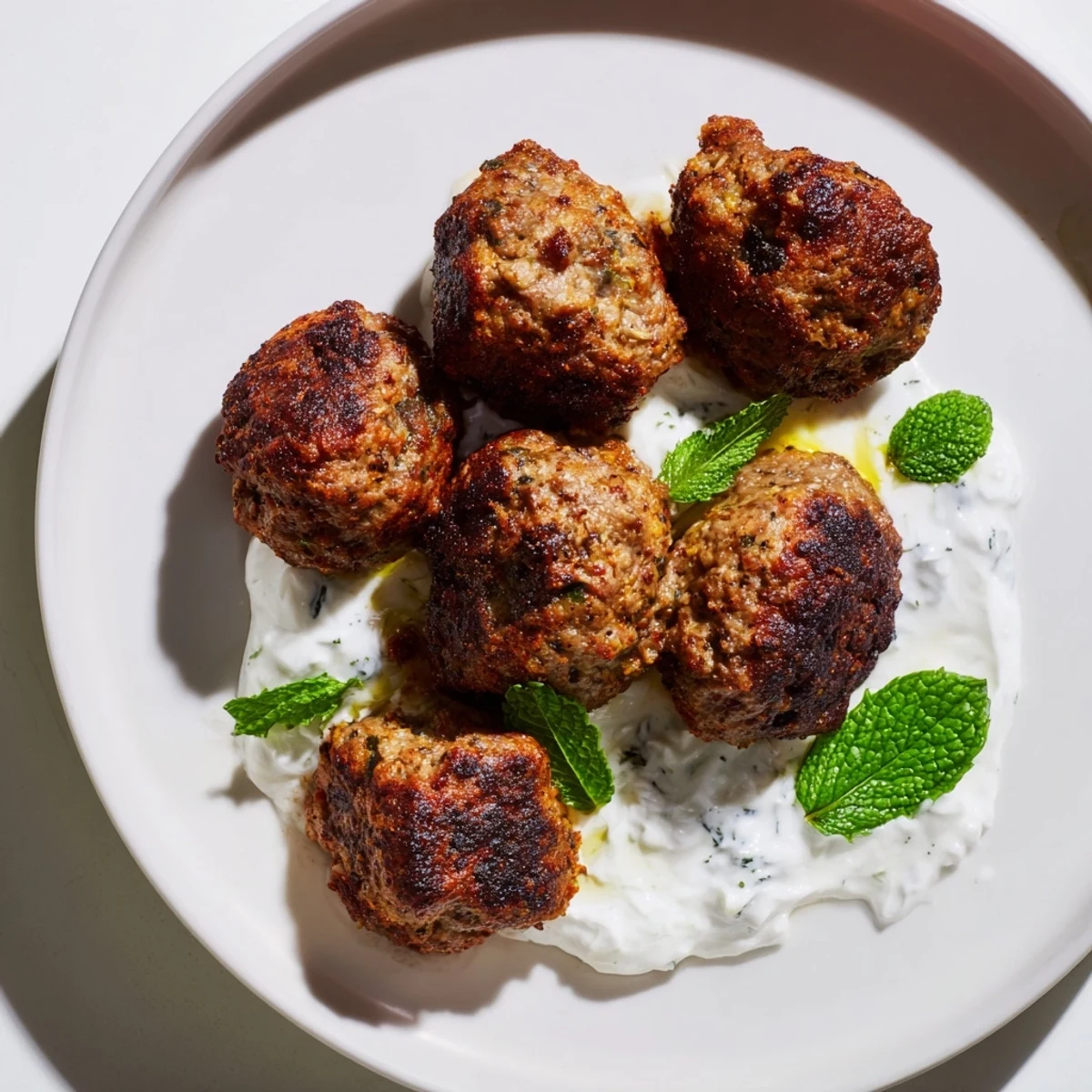 Warm, aromatic Spiced Lamb Meatballs presented with fresh mint, perfect for sharing with friends.