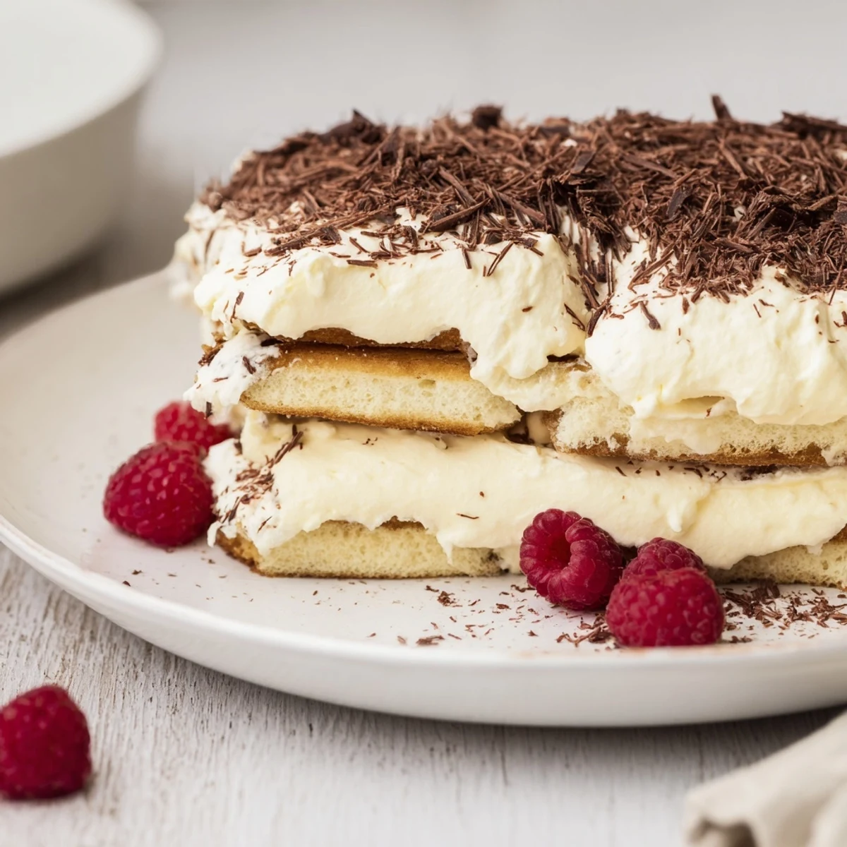 Elegant spoonful of Creamy Delight dessert with layers of cream, chocolate shavings, and berries.