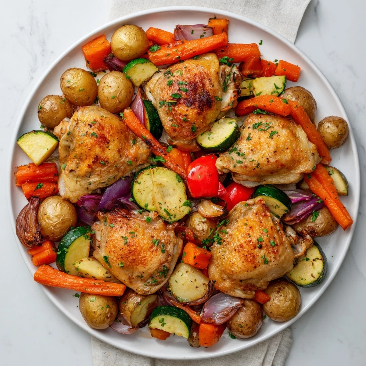 Sizzling pan of Roasted Flavor, showcasing juicy chicken and caramelized, colorful vegetables.