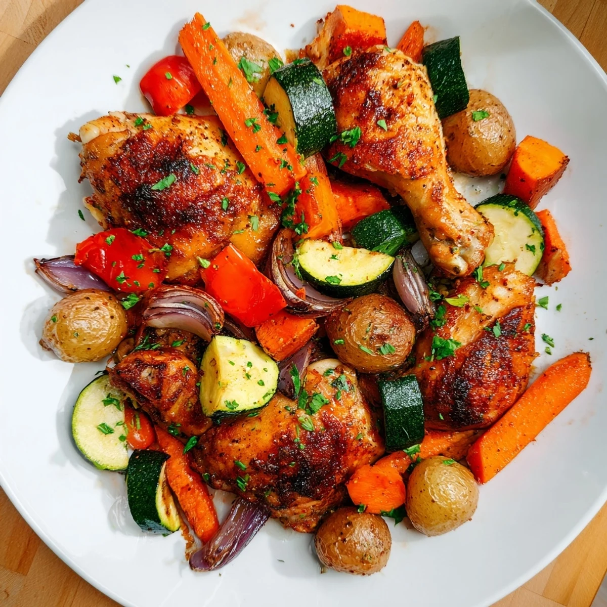 Aromatic Roasted Flavor: tender chicken thighs nestled among roasted carrots, peppers, and potatoes.