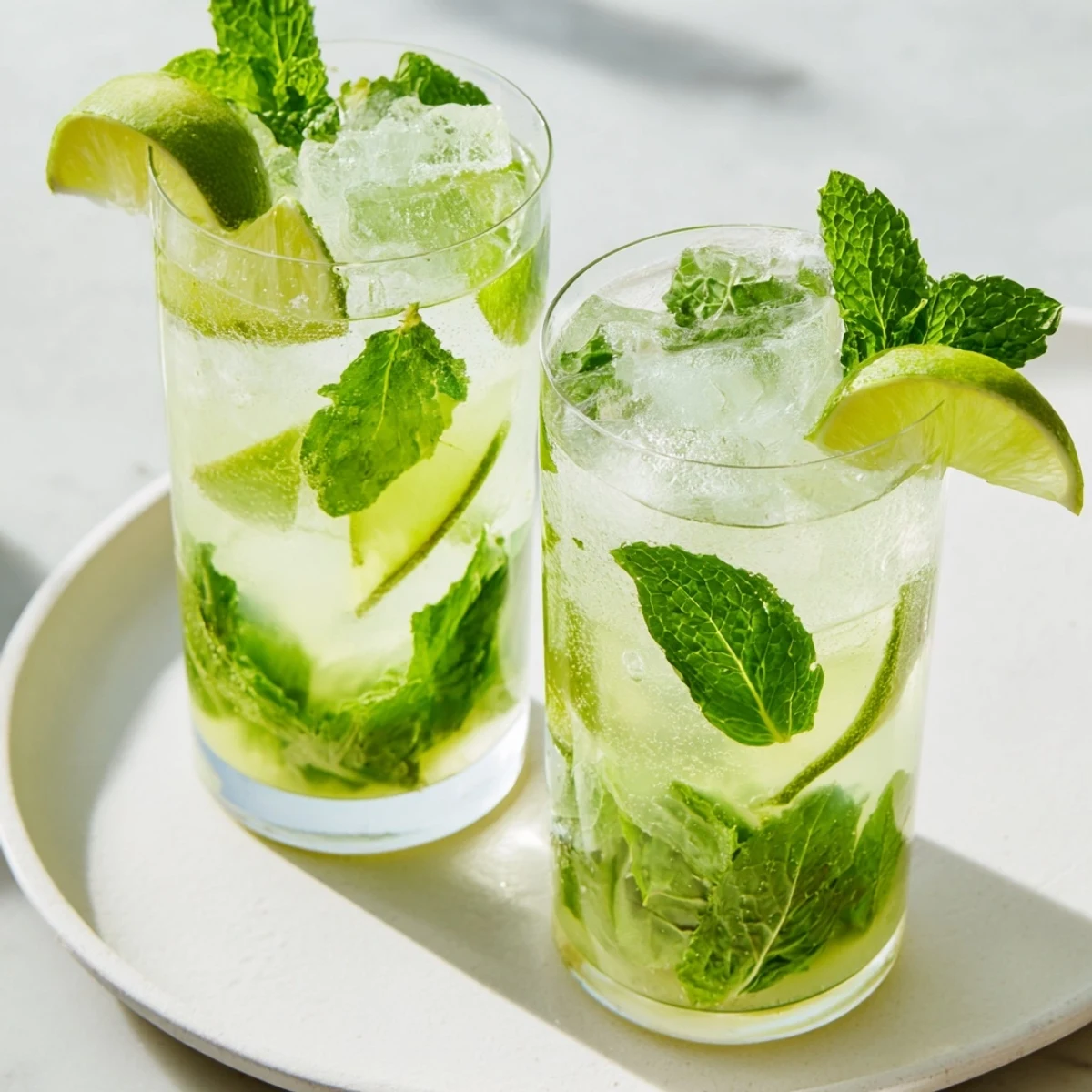 Refreshing Peppermint Fresh drink, garnished with lime, sparkling and vibrant in a tall glass.
