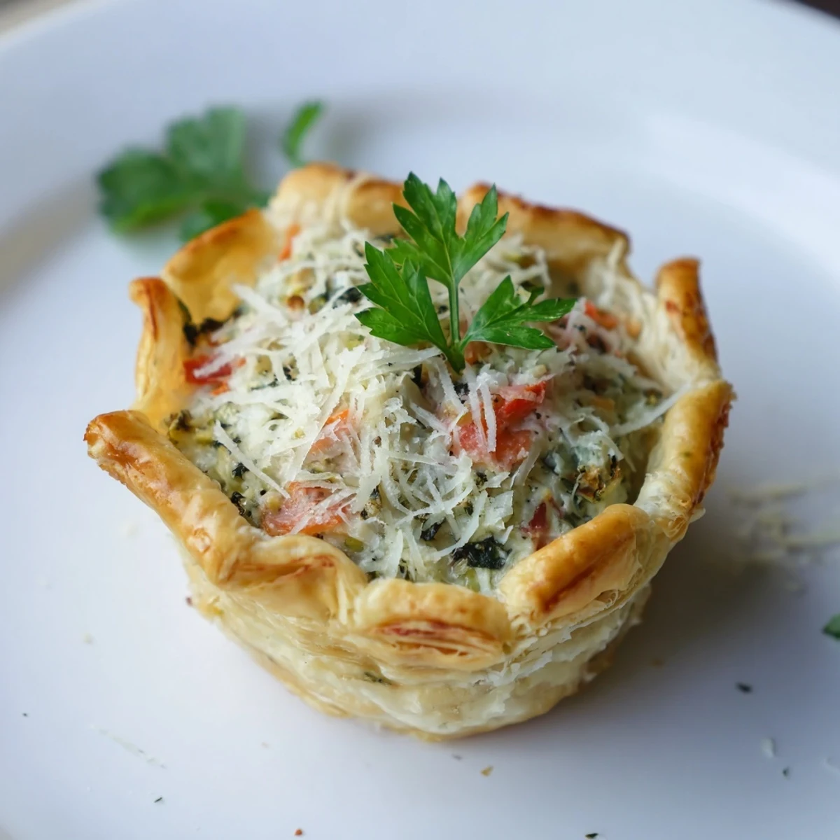 Golden, flaky Savory Bites filled with creamy cheese and roasted vegetables, ready for serving.