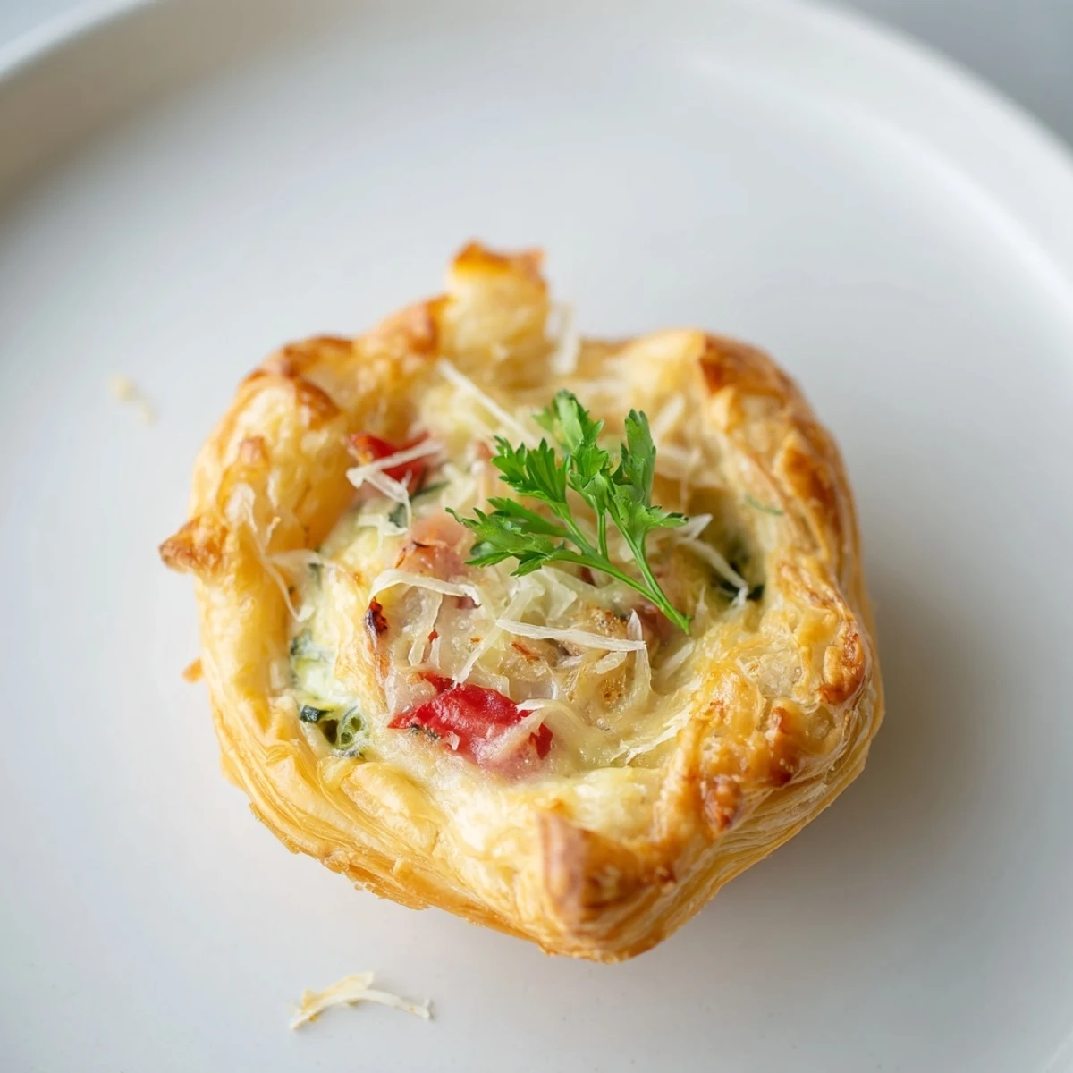 Close-up of freshly baked Savory Bites, showcasing a savory filling with colorful roasted vegetables.