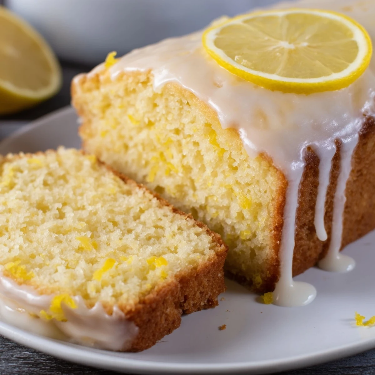 A slice of Lemon Scent cake, glistening with glaze, beckoning for a delightful bite.