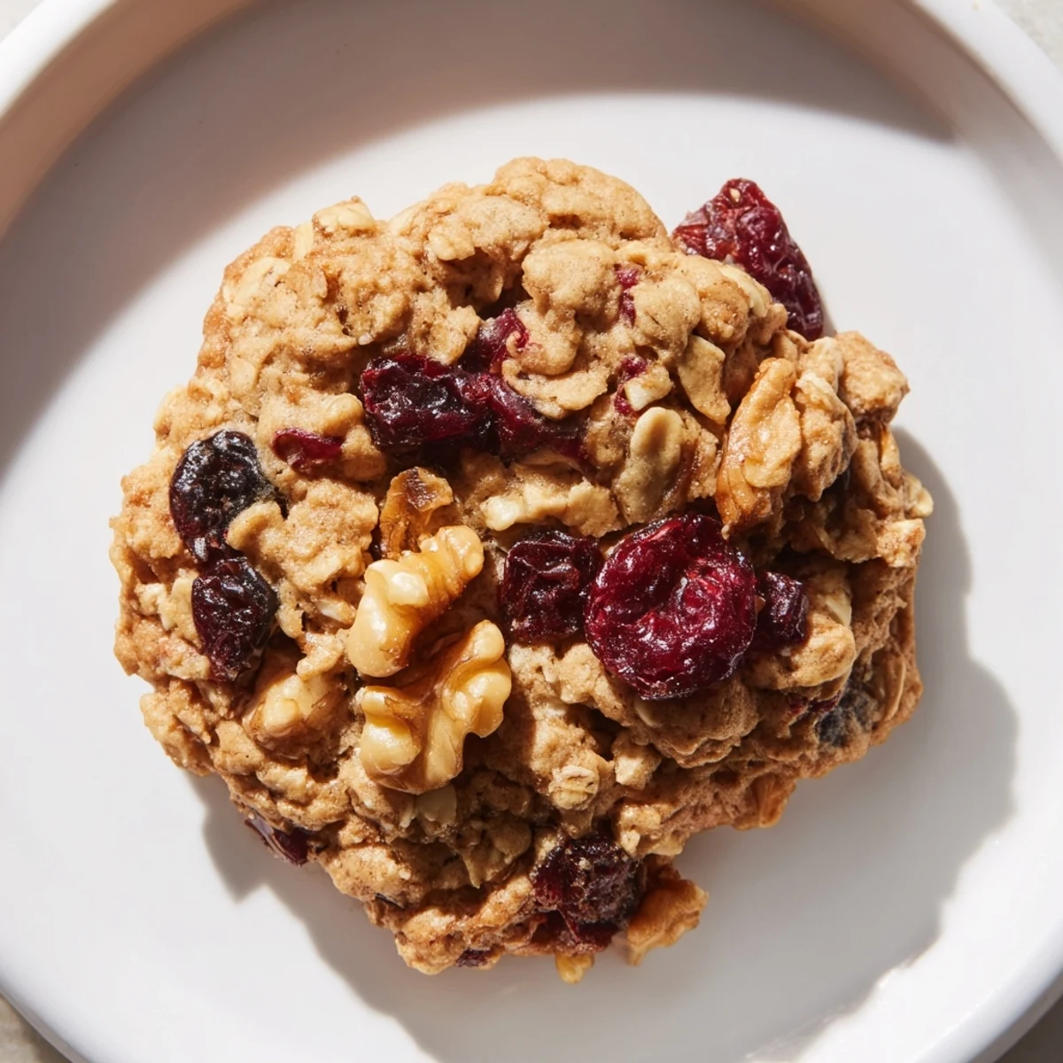 A close-up shot of chewy cranberry oatmeal cookies, displaying the bright red cranberries against a rustic background.