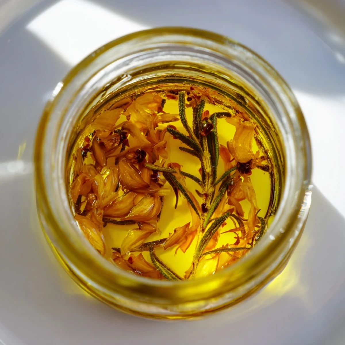 Vibrant clear jar filled with homemade Garlic Scent; it's a gourmet Mediterranean oil.