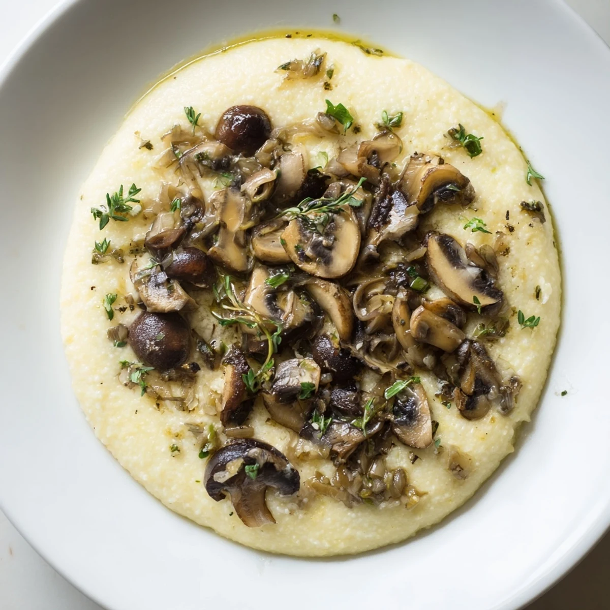 Golden, creamy polenta topped with savory sautéed mushrooms and fresh parsley, enticing.