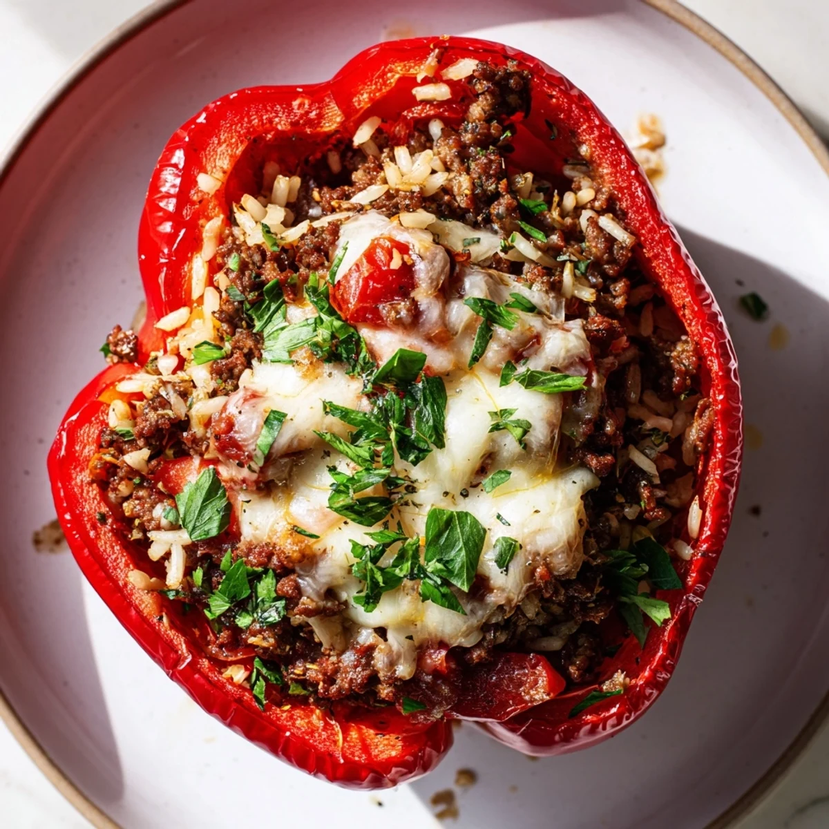 Baked Stuffed Bell Peppers, colorful and steaming, with melted cheese atop the savory filling.