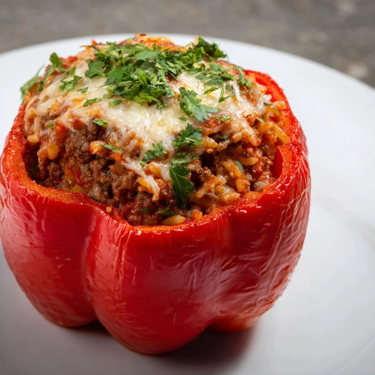 A close-up of golden-brown Baked Stuffed Bell Peppers, brimming with flavorful meat and rice.