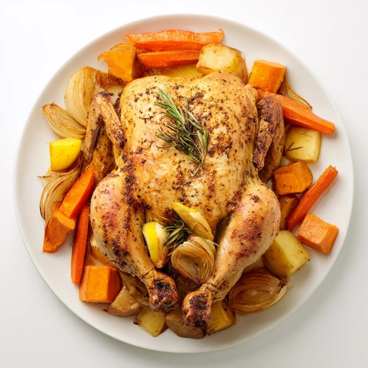 Golden-brown roasted chicken with root vegetables, a hearty, flavorful family-style American dinner.