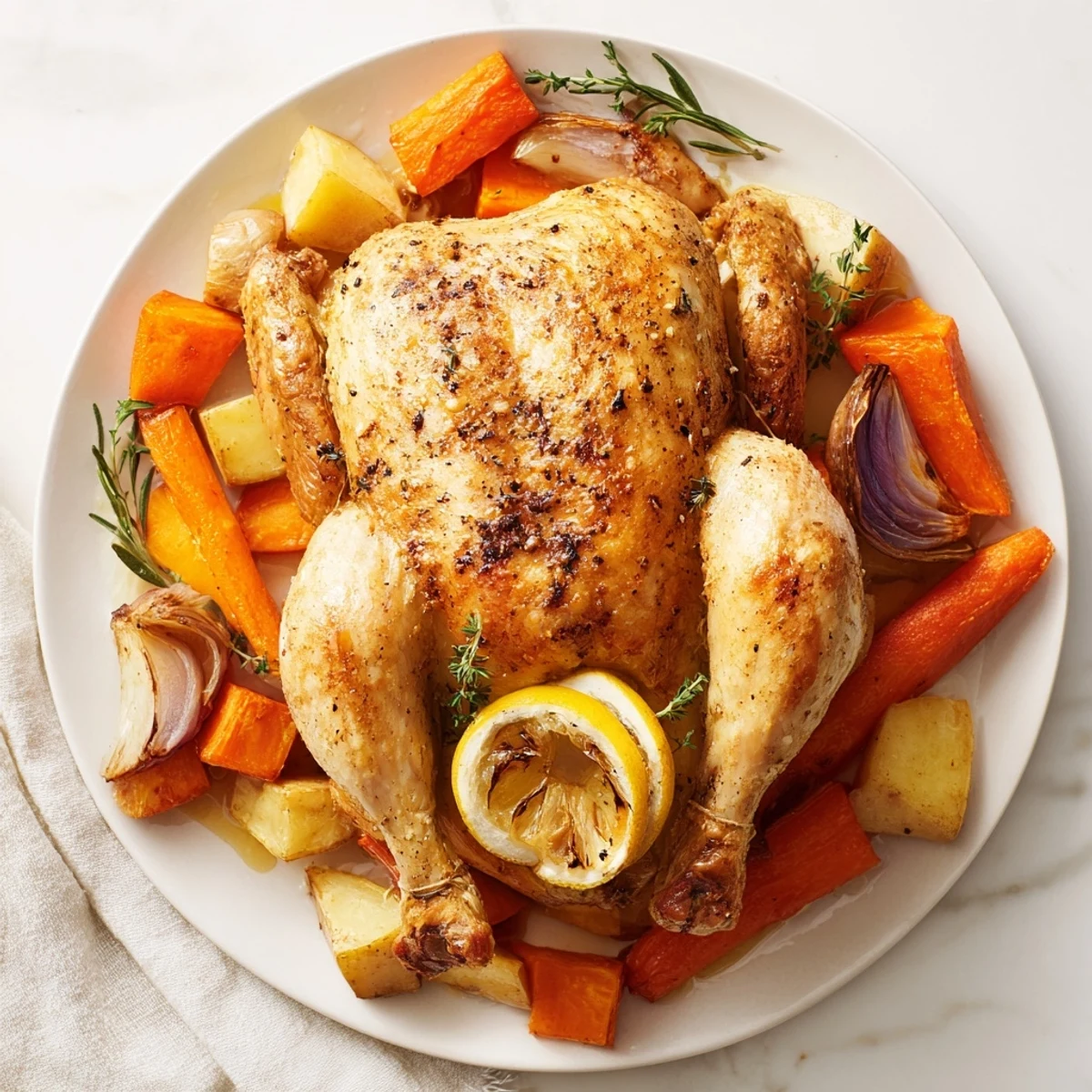 A close-up of tender roasted chicken nestled on a bed of caramelized root vegetables, ready to serve.