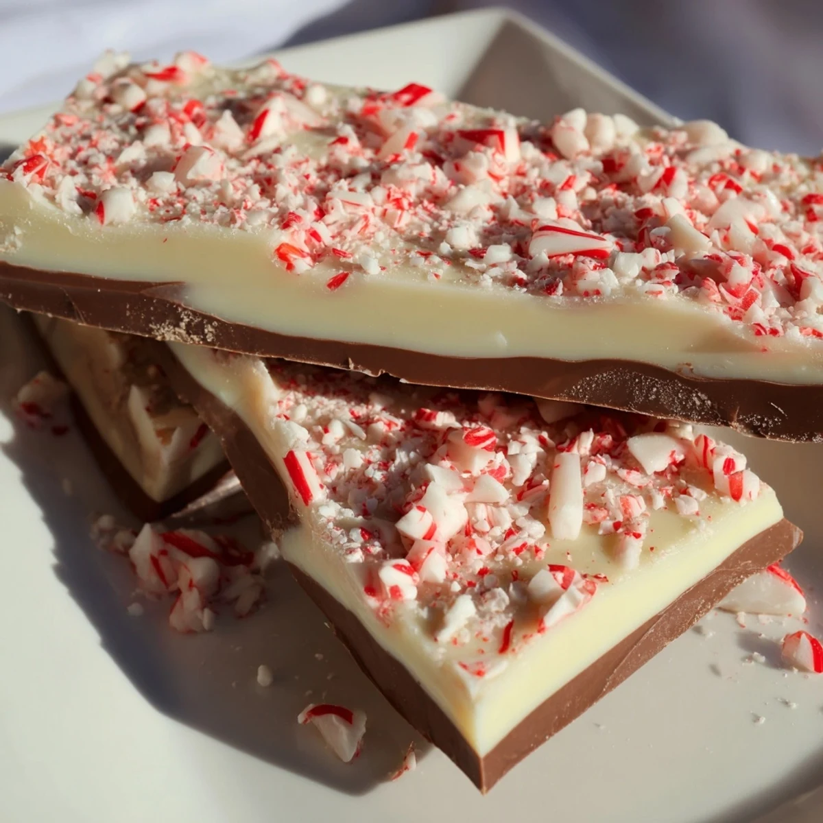Chocolate Peppermint Bark, a festive holiday treat topped with crushed candy canes, ready to enjoy.