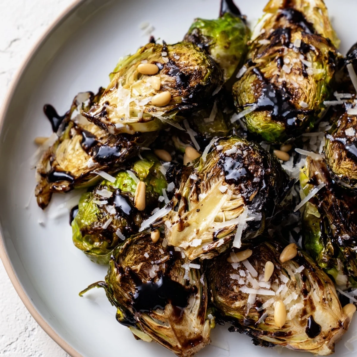 Balsamic-glazed Crispy Brussels Sprouts, caramelized and ready to be served hot and full of flavor.