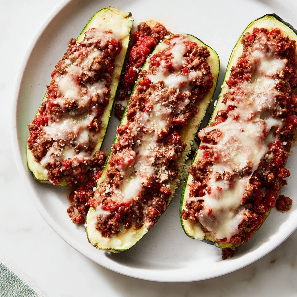 Savory Baked Zucchini Boats with Beef, bubbling with melted cheese and a rich tomato beef filling.