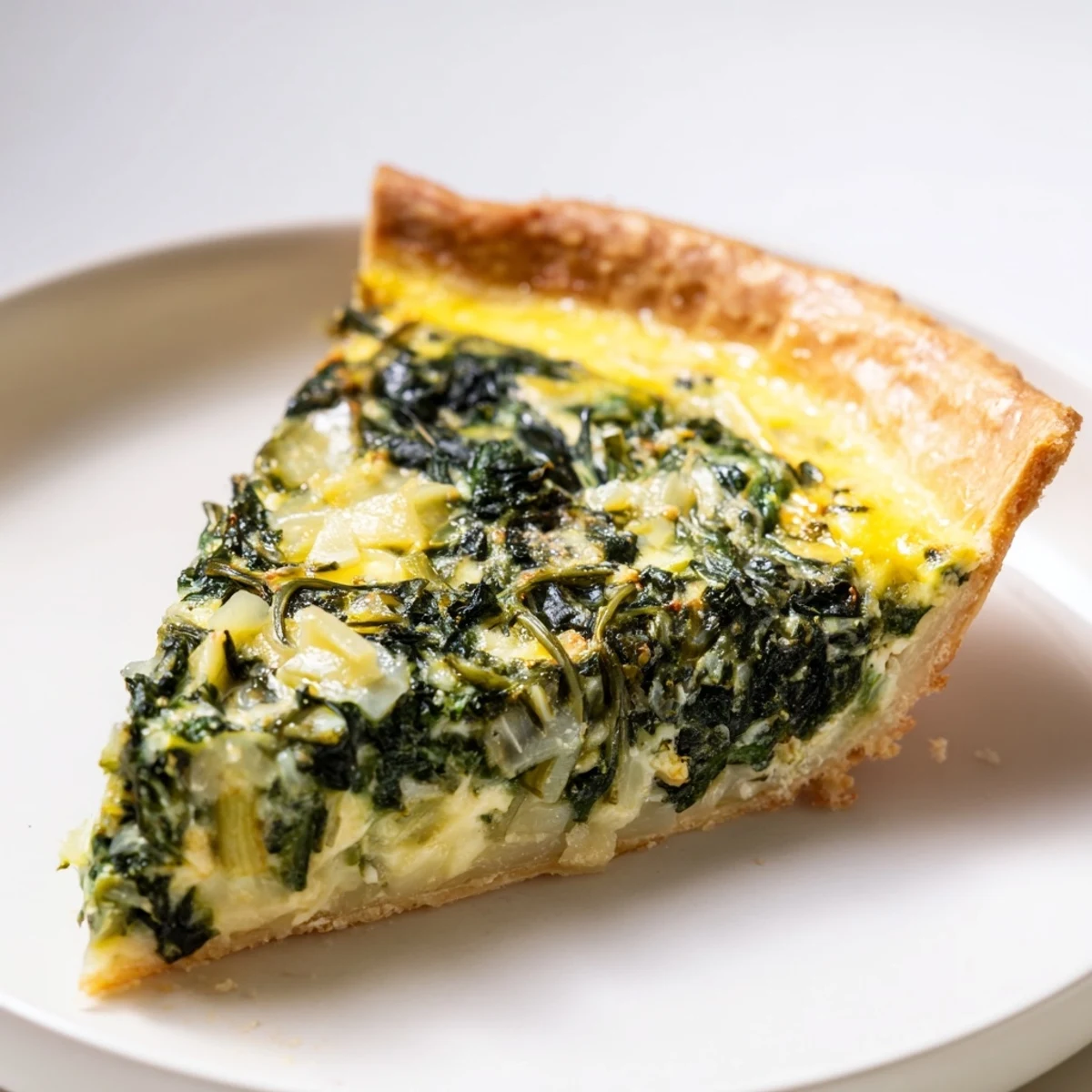 Golden, baked Savory Spinach Quiche, boasting a flaky crust and creamy, cheesy filling; ready to eat.
