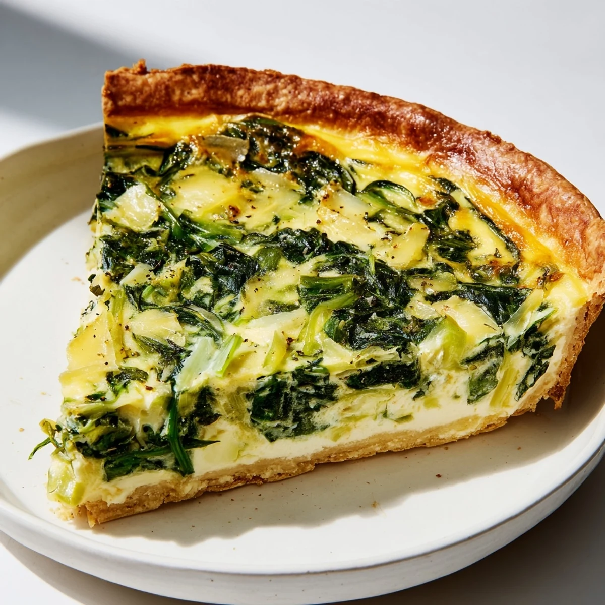 A perfectly browned Savory Spinach Quiche, showcasing wilted spinach and Gruyère beneath a rich custard.