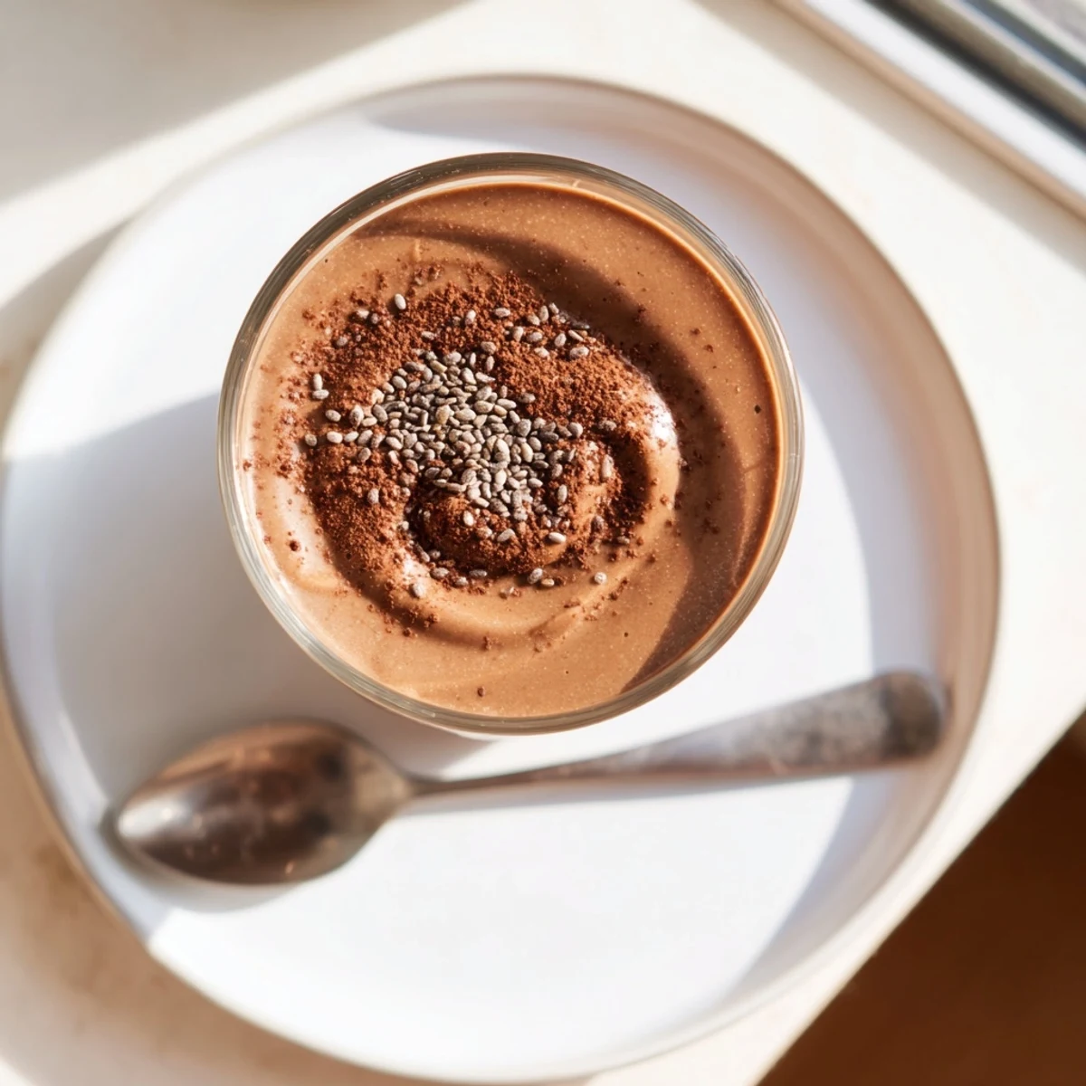 A close-up of a luscious chocolate peanut butter smoothie, swirled, ready to sip.