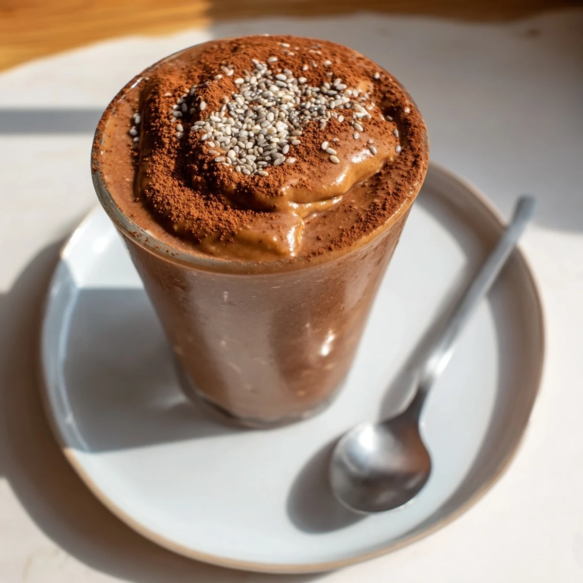 Enjoy a refreshing chocolate peanut butter smoothie, blended with frozen banana, ready for a delicious treat.