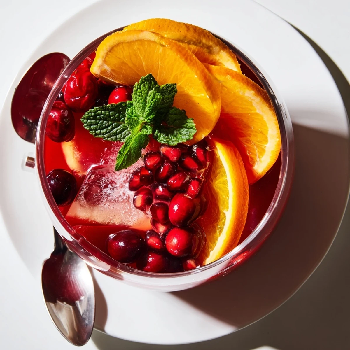 A vibrant bowl of Cranberry Orange Holiday Punch with floating orange slices and cranberries.