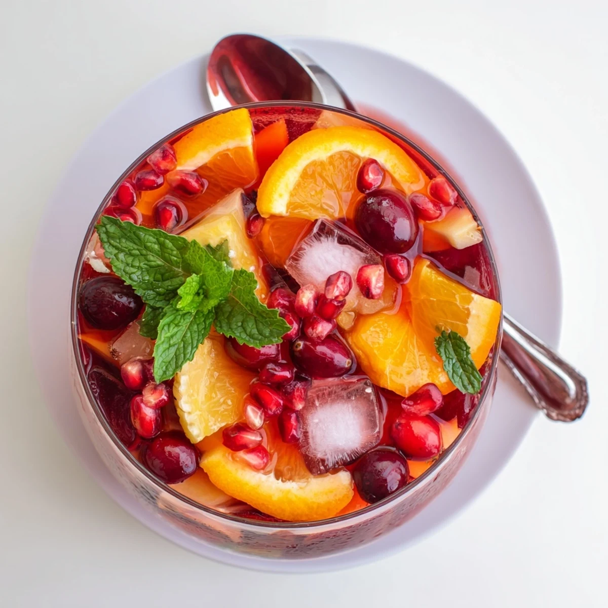 Refreshing glass of Cranberry Orange Holiday Punch, garnished with mint, perfect for Christmas.