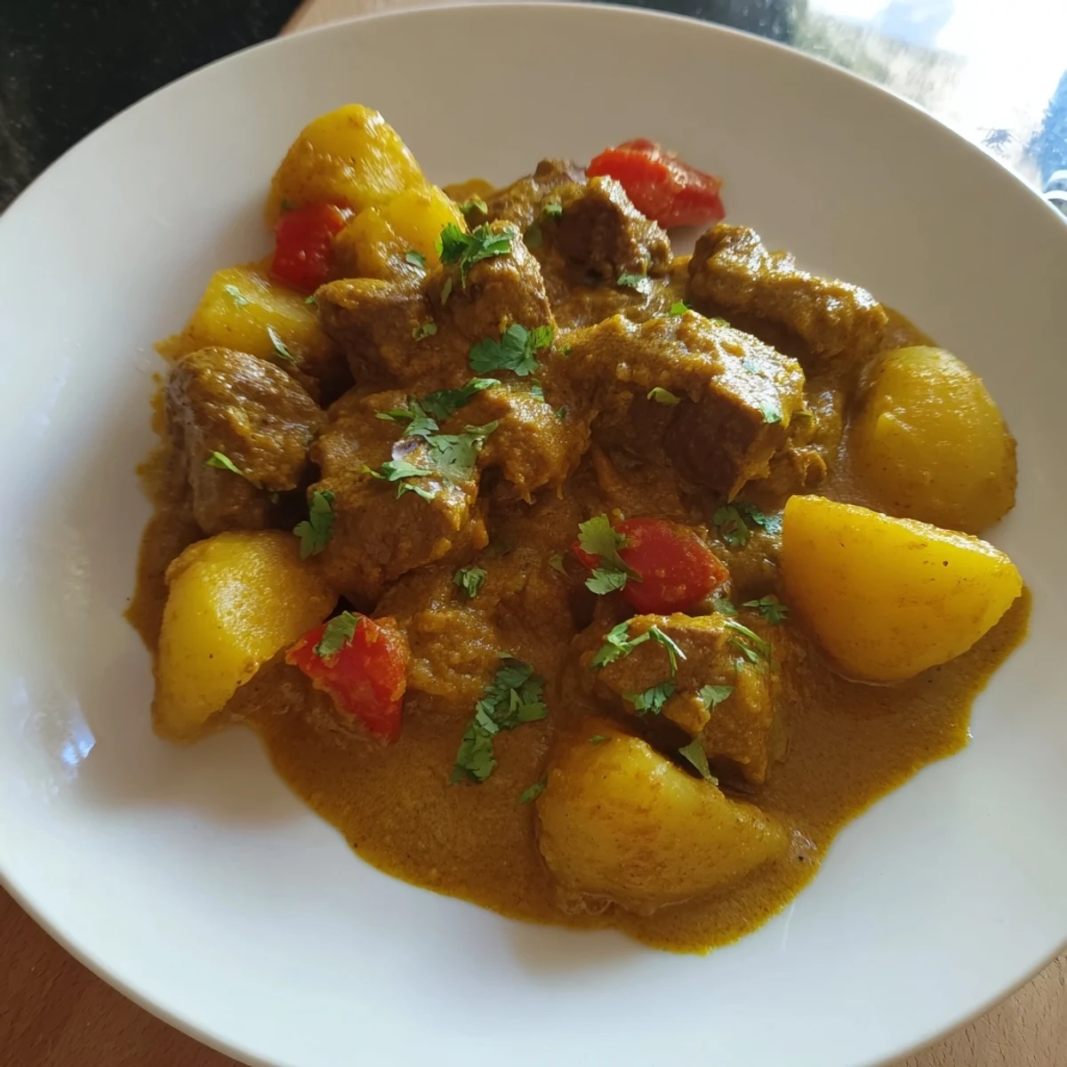 Tender beef and potato curry in a spiced, vibrant sauce, ready to serve with fluffy rice.