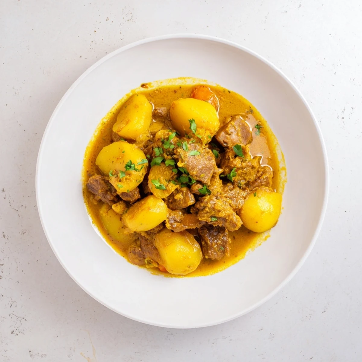 A steaming bowl of beef and potato curry, with chunks of beef and potatoes in a rich gravy.
