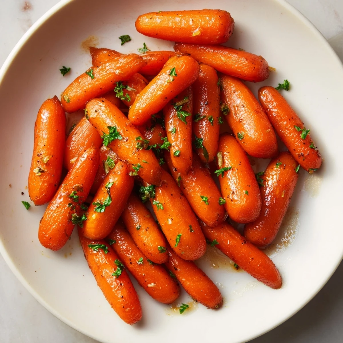 Brightly lit image of tender Garlic Roasted Baby Carrots, glistening with olive oil and garlic, ready to eat alongside any meal.