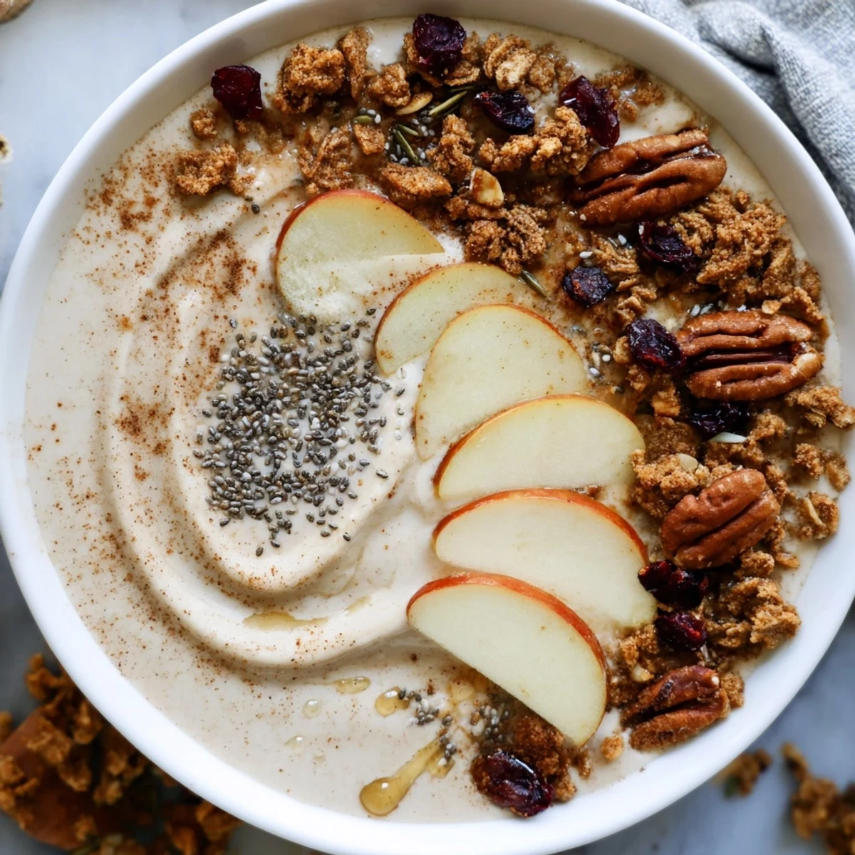 Close-up of a festive gingerbread smoothie bowl, a healthy breakfast overflowing with goodness.