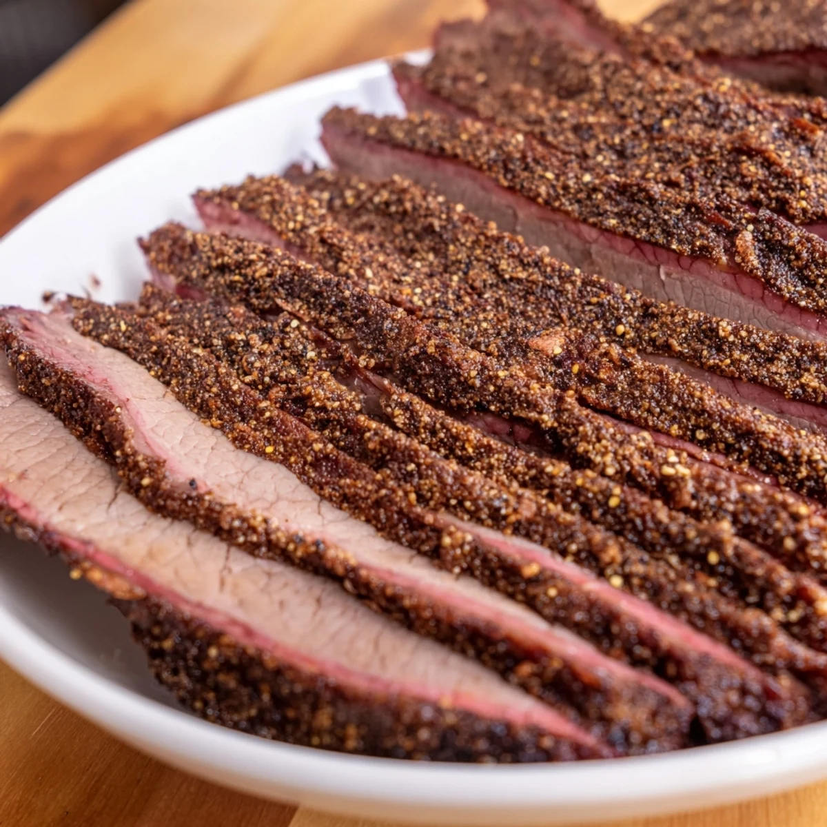 Juicy smoked beef brisket boasts a flavorful bark, perfect for a backyard barbecue feast.