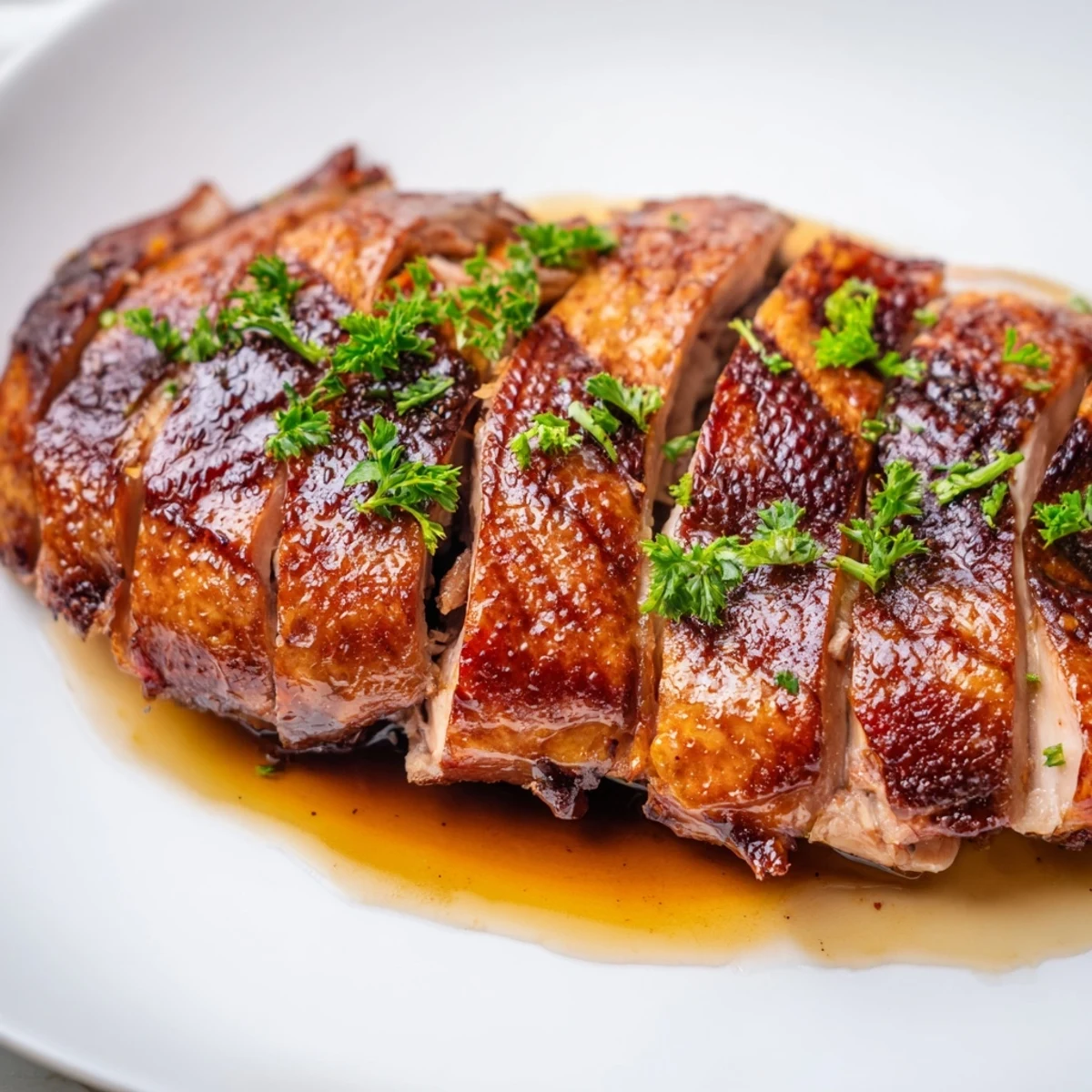 Golden, crispy-skinned roasted duck breast, glistening with honey glaze, ready for a special dinner.