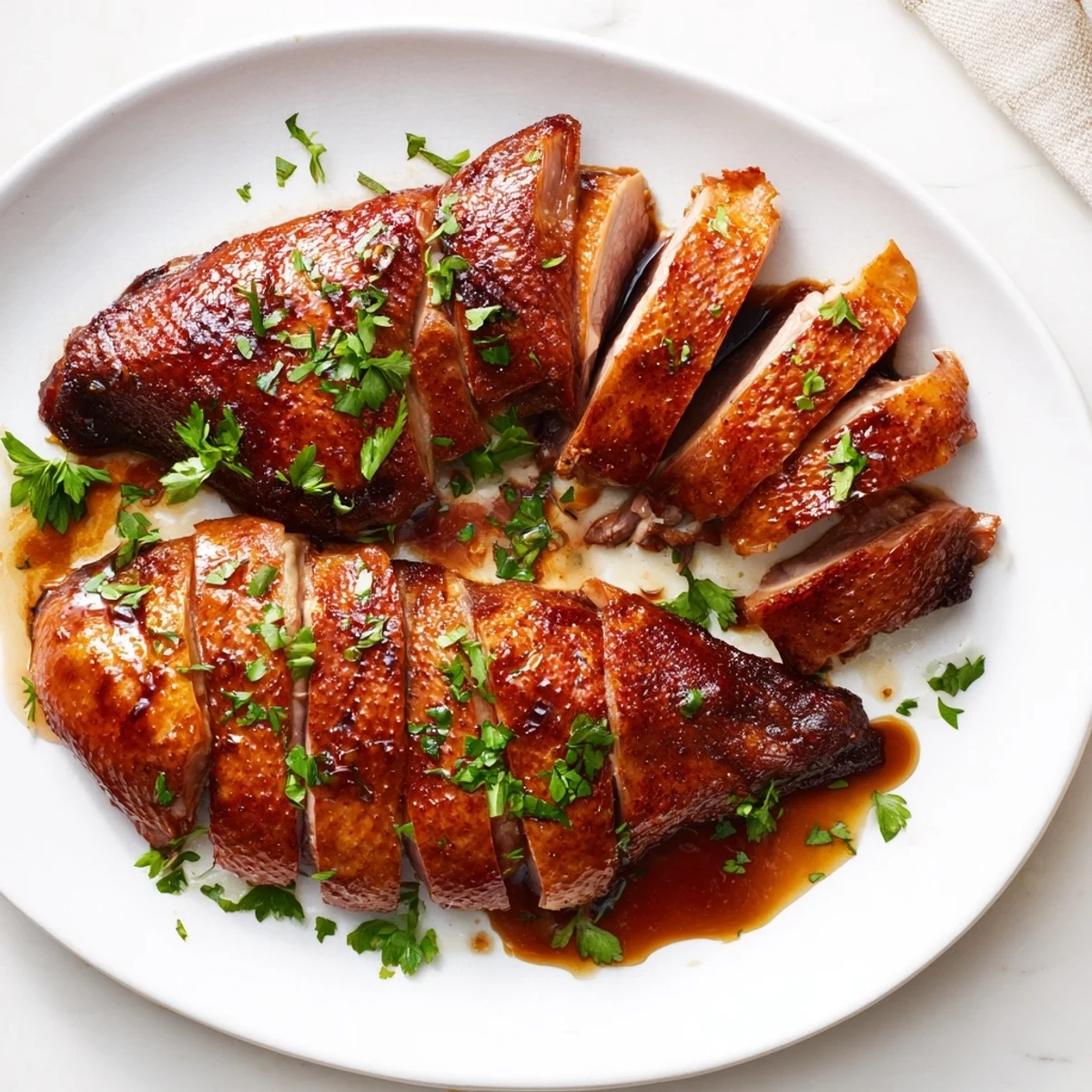 Juicy slices of perfectly roasted duck breast, seasoned with thyme, offering a rich, savory bite.