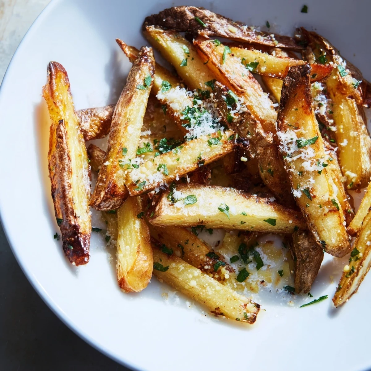 Golden, crispy garlic oven fries, sprinkled with fresh herbs and ready to serve on a baking sheet.