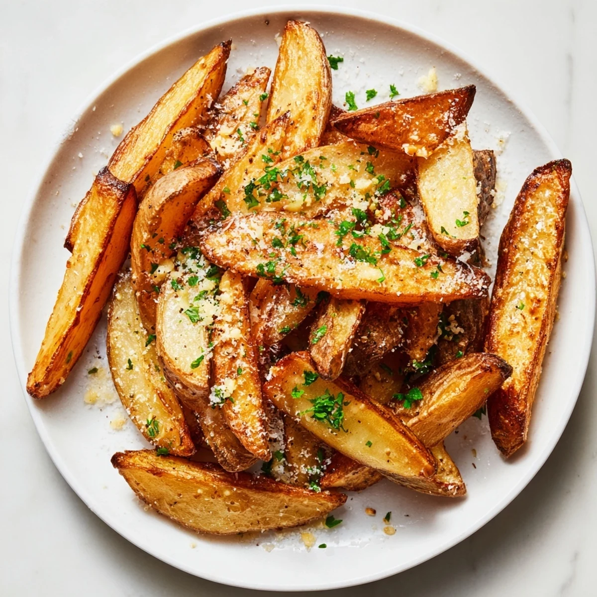 Close-up of freshly baked garlic oven fries, perfectly seasoned and aromatic, waiting to be enjoyed.