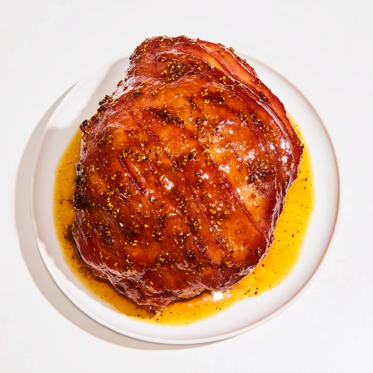 A glistening, spiced ham-free glaze coats a perfectly roasted vegan ham, ready to serve.