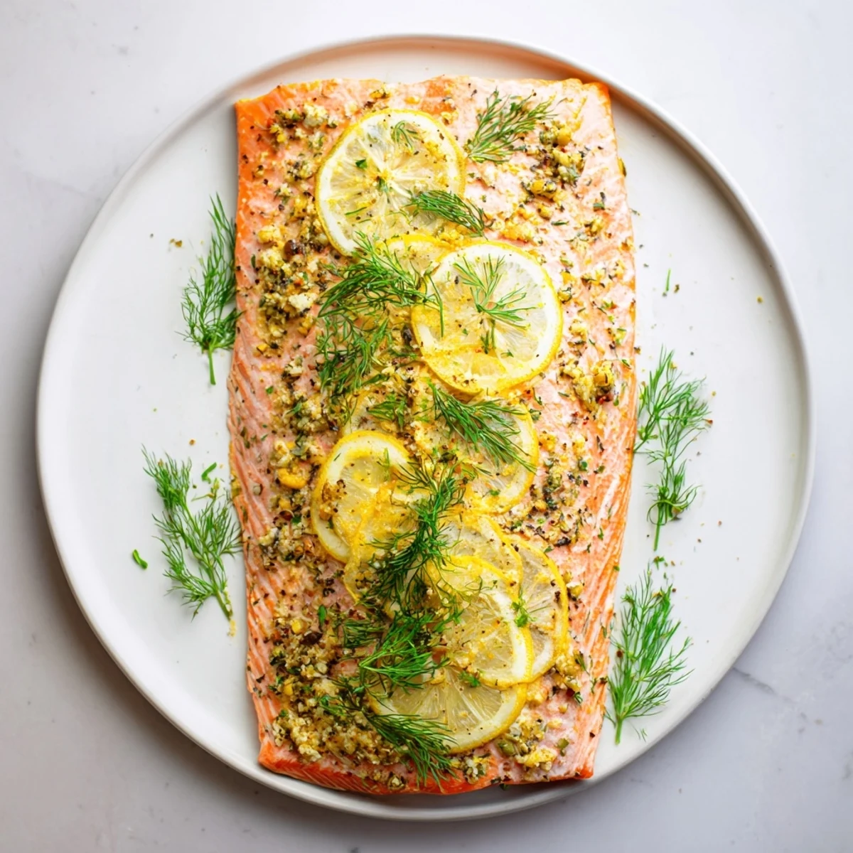 Golden Baked Salmon Fillet, glistening with lemon and herbs, ready for a healthy dinner.