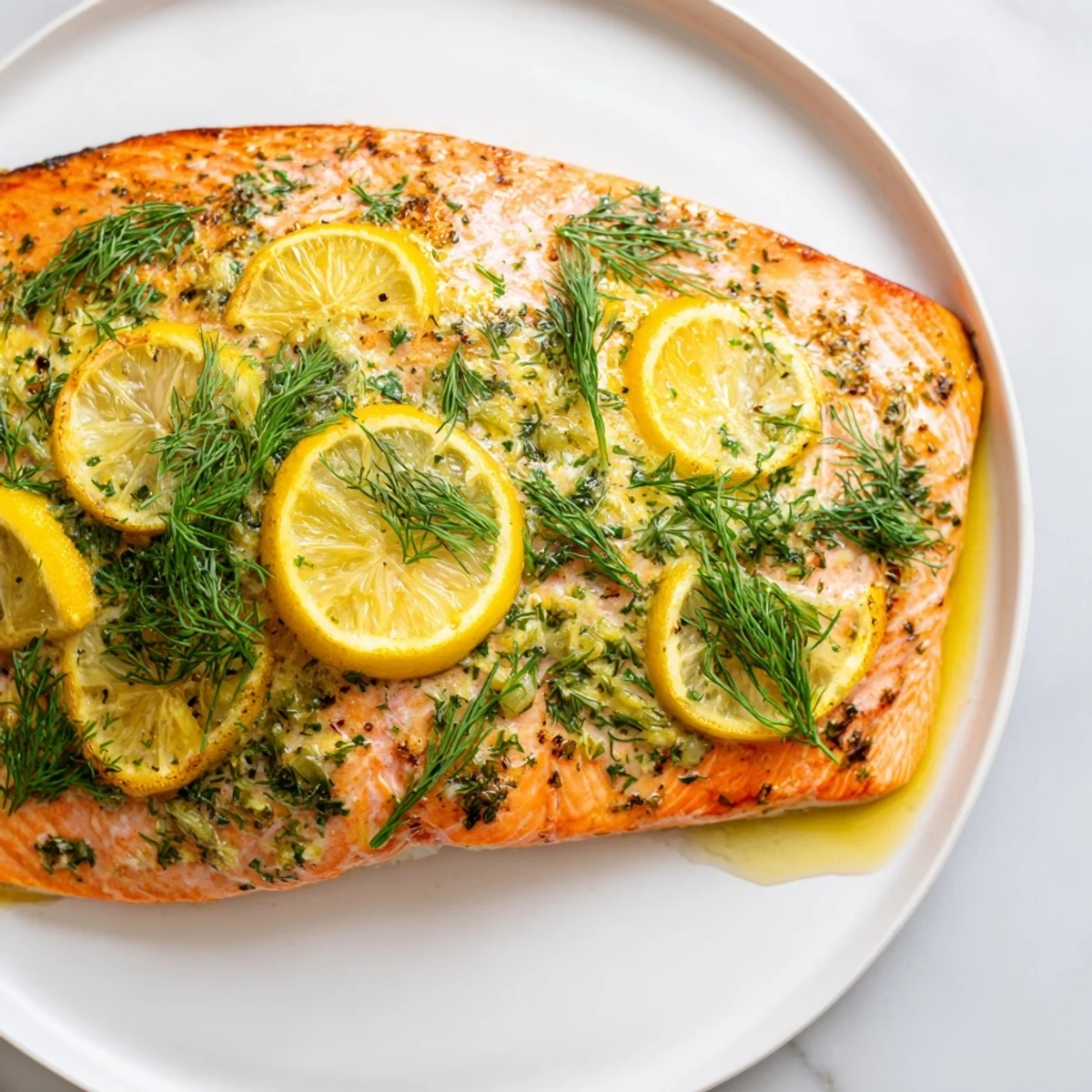 Oven-baked Baked Salmon Fillet, perfectly flaky with a bright lemon-dill marinade, a flavorful main.