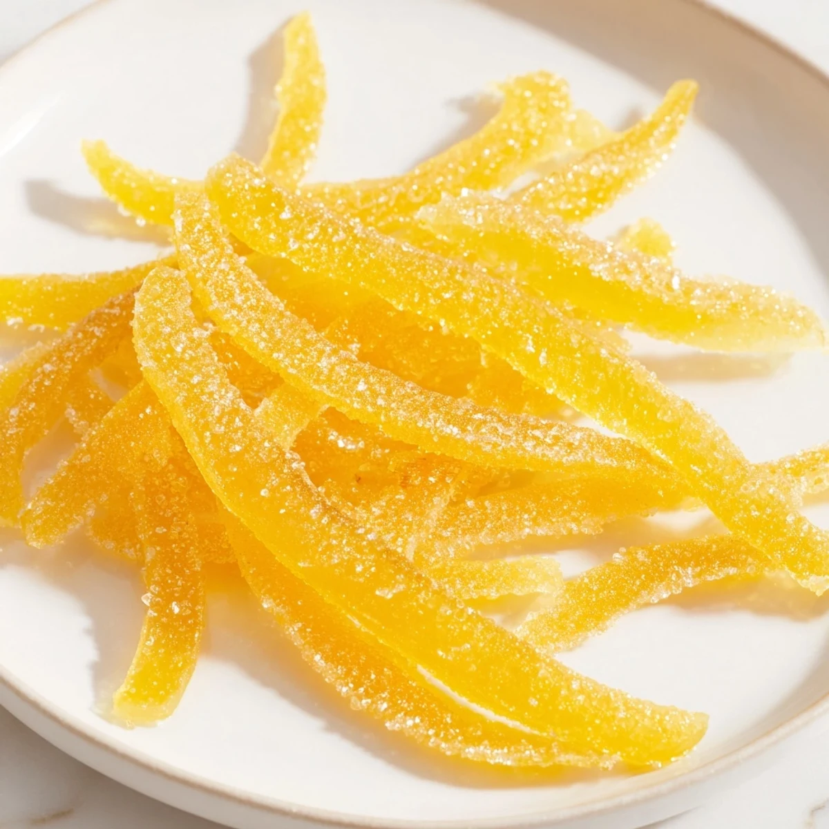Image of finished candied lemon peel: a delicious, sweet treat perfect for gifting or garnishing.