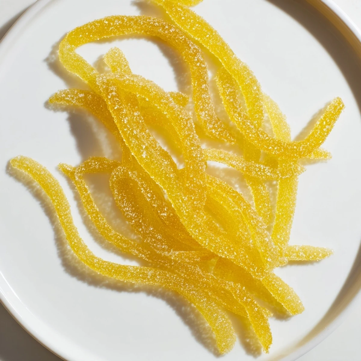 Close-up shot shows translucent candied lemon peel cooking in a sweet, simmering syrup.
