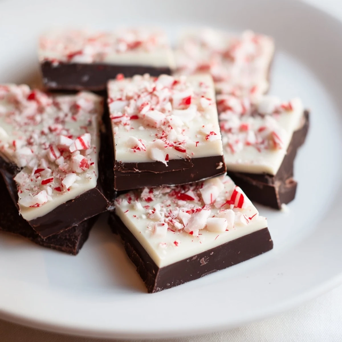 Sweet, festive image of Peppermint Bark Pieces, showing layers of chocolate and crushed mint.
