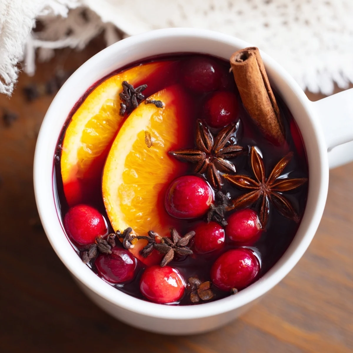 Steaming Cranberry Hot Tea, garnished with orange slices and cinnamon, is perfect for cozy afternoons.