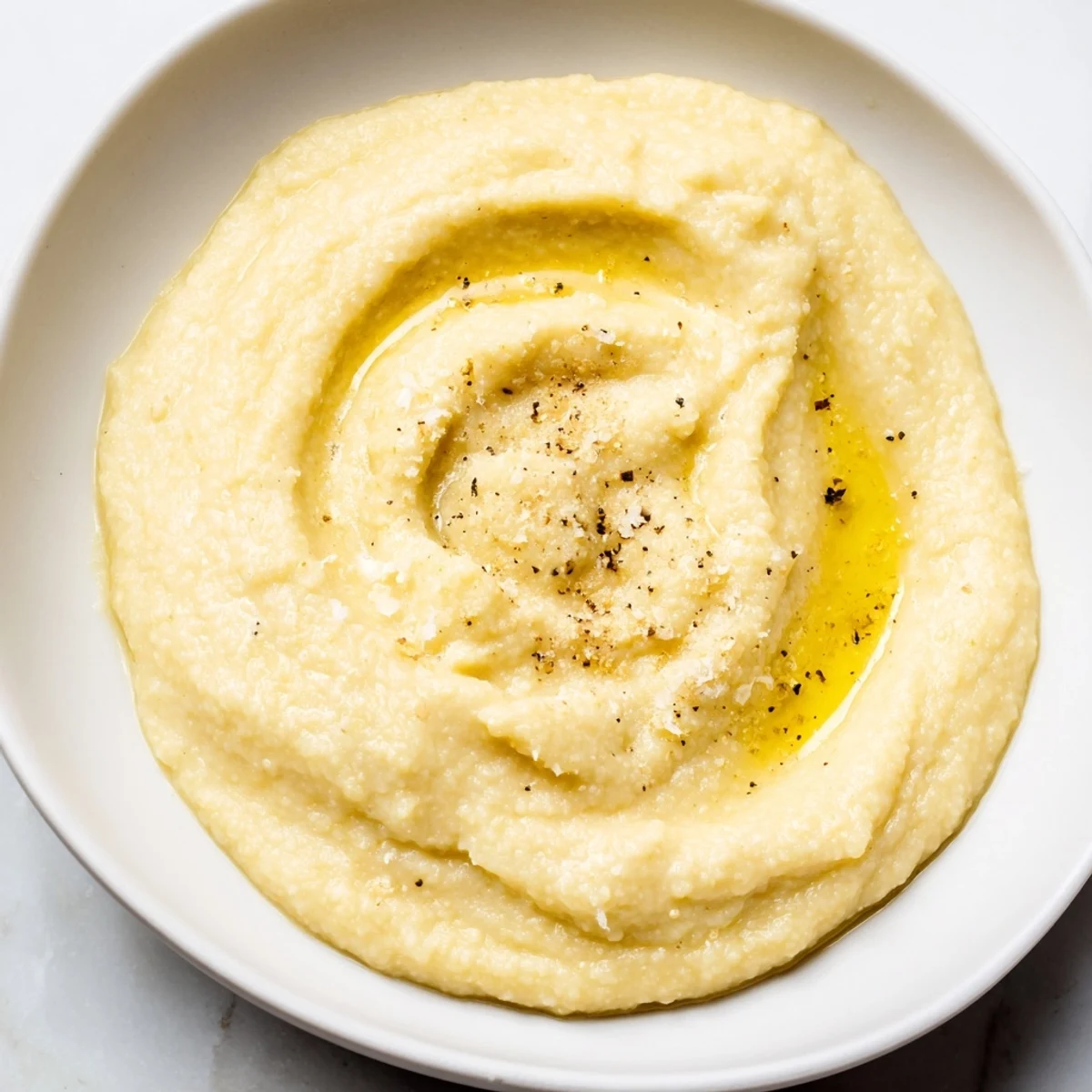 Warm and comforting: a vibrant photo of smooth, creamy Italian style Polenta, ready to eat.