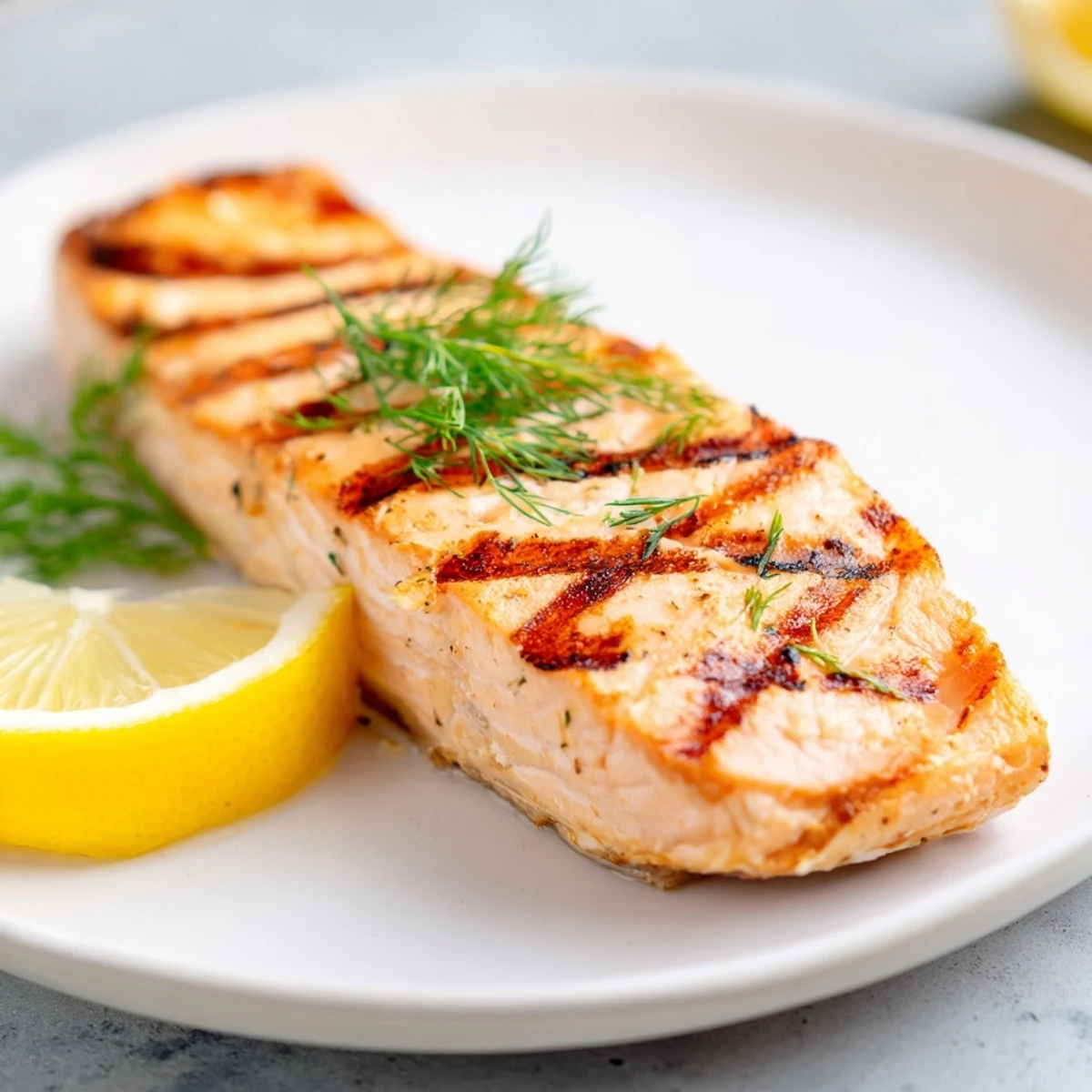 Beautifully grilled salmon fillets with grill marks, offering a flavorful pescatarian delight.