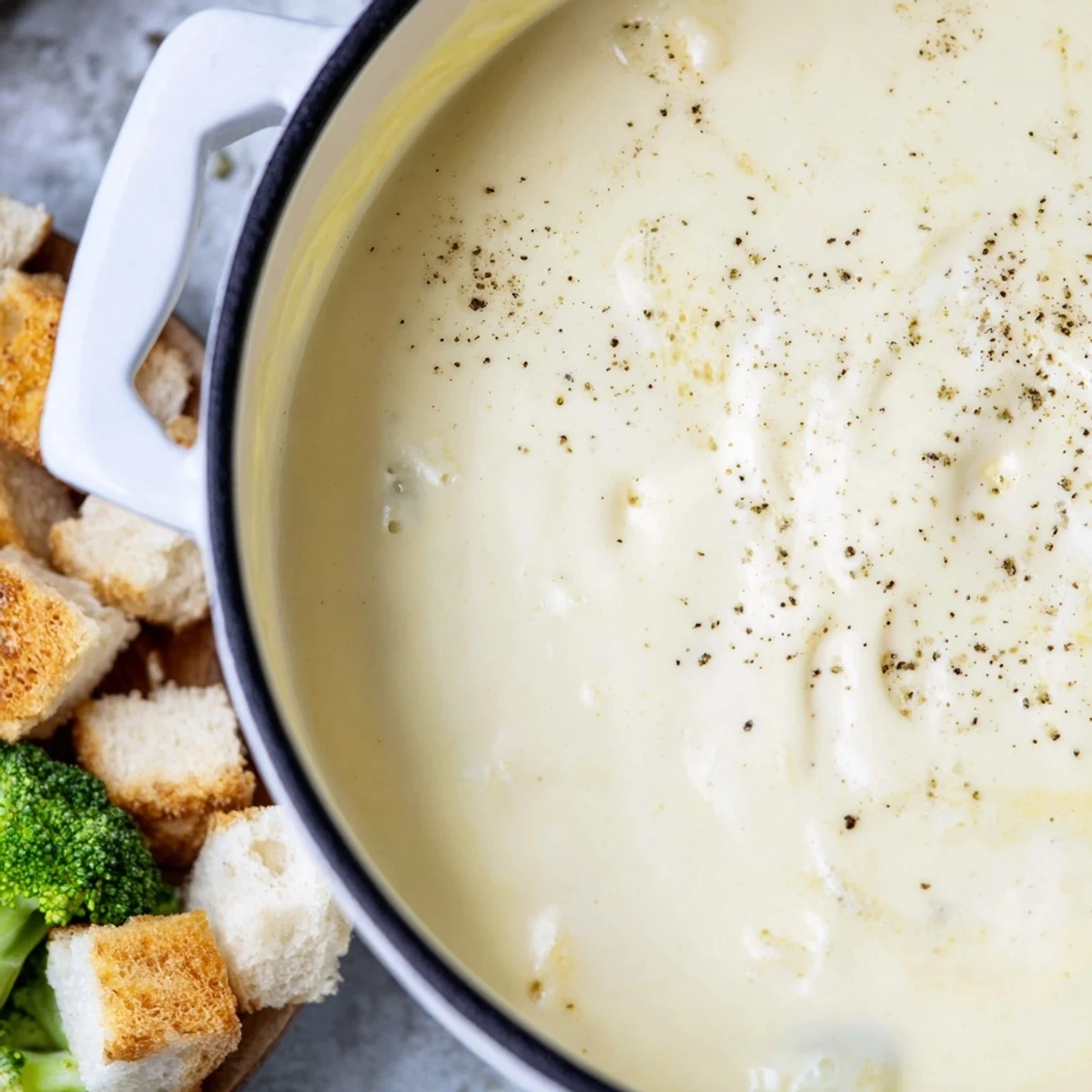A close-up of creamy, melted cheese fondue with bread cubes ready for dipping.