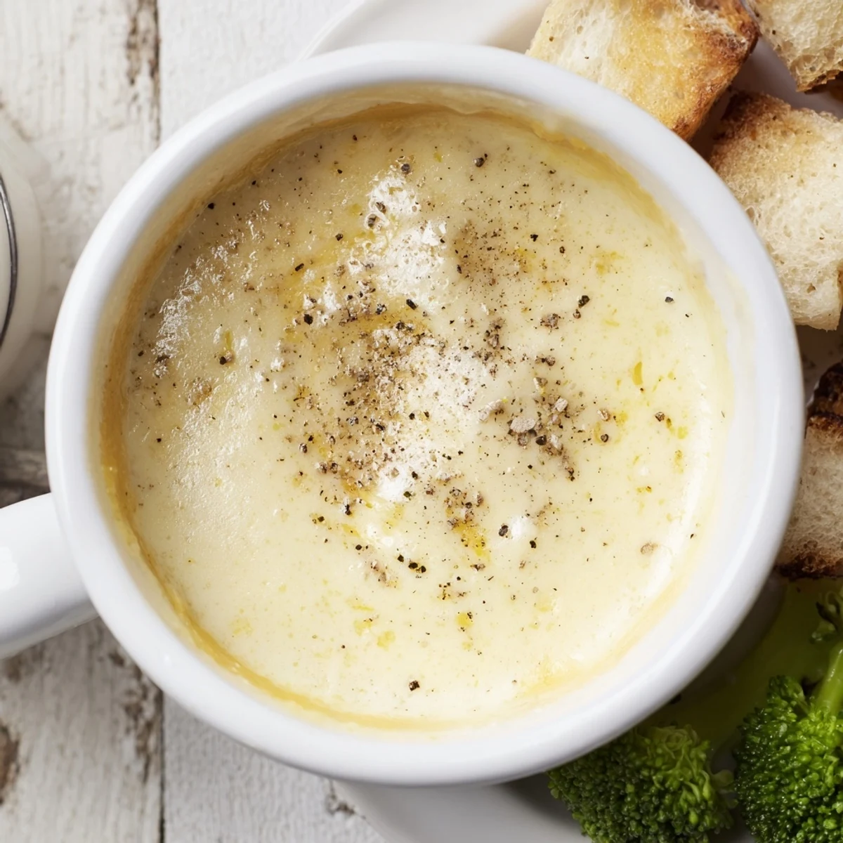 Warm cheese fondue, a communal Swiss classic, served with assorted dipping vegetables.